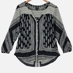 Lucky Brand Boho Peasant Top Black White Paisley Button Front - Size M